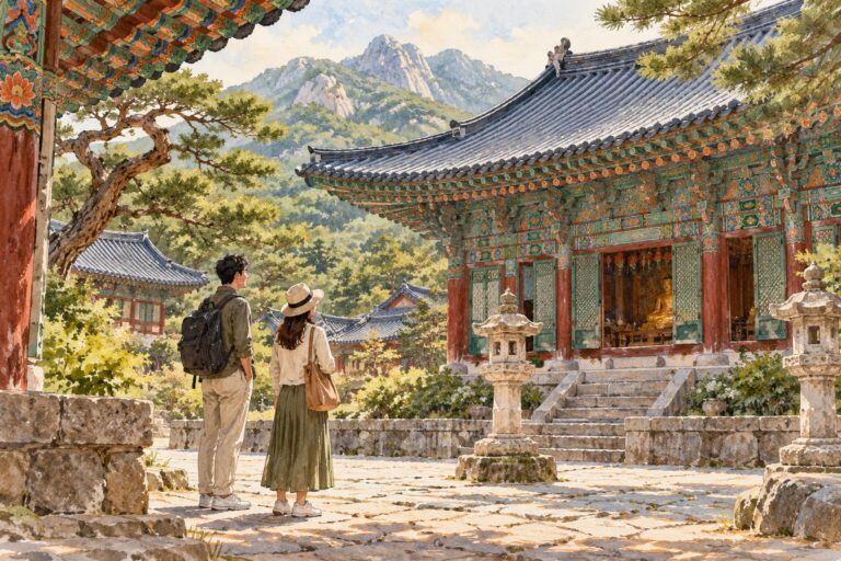 Watercolor illustration of two visitors quietly observing a Korean Buddhist temple courtyard beneath colorful eaves.