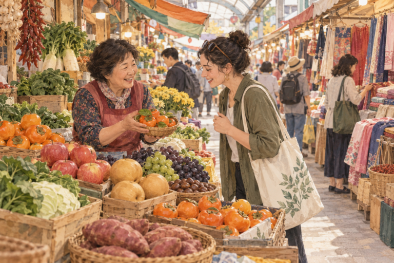 Illustration of a traveler buying fruit from a stallholder in a Korean traditional market.