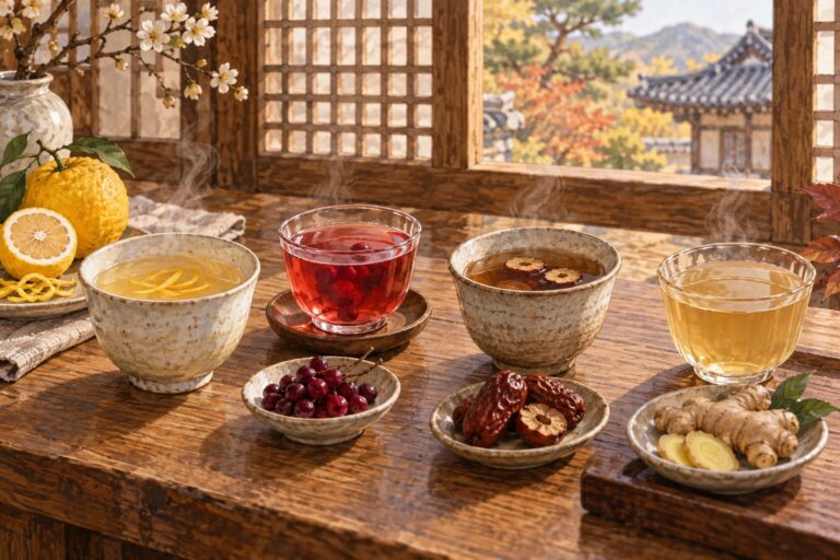 Watercolor illustration of four Korean teas with citrus, omija berries, jujubes, and ginger.