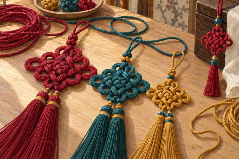 Illustration of crimson, teal and gold decorative cord knots with tassels arranged on a Korean craft table.