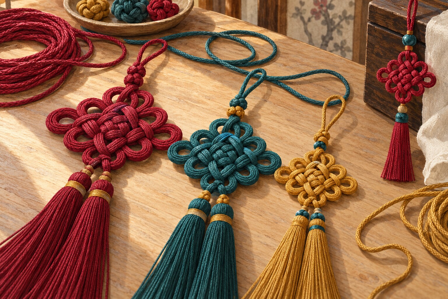 Illustration of crimson, teal and gold decorative cord knots with tassels arranged on a Korean craft table.