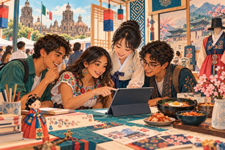 Illustration of young adults exploring Korean language and culture at a Mexico City expo.