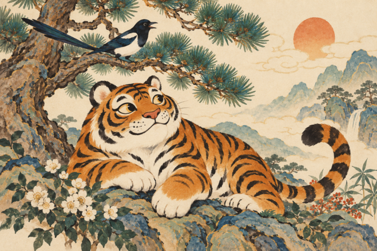 Modern Korean minhwa-inspired illustration of a playful tiger and magpie beneath a pine tree.