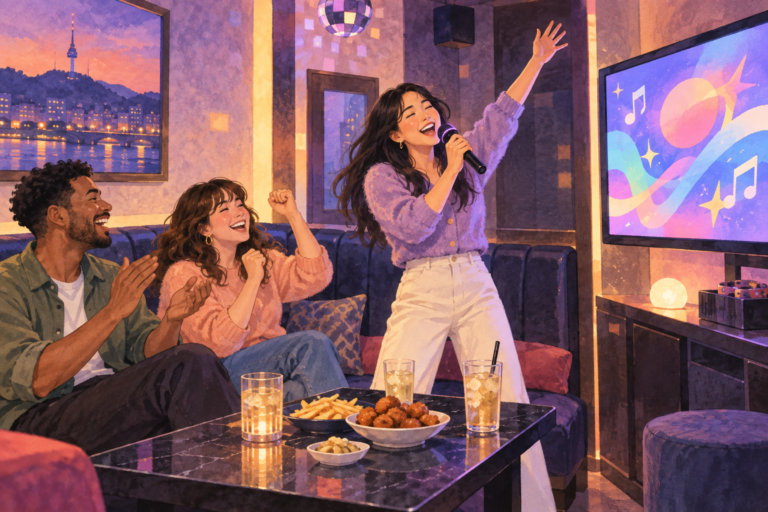 Illustration of friends singing together in a private Korean noraebang room.