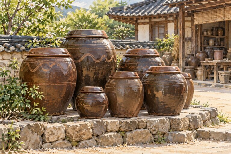 Illustration of brown lidded Korean onggi jars in different sizes on a stone platform beside a pottery workshop.