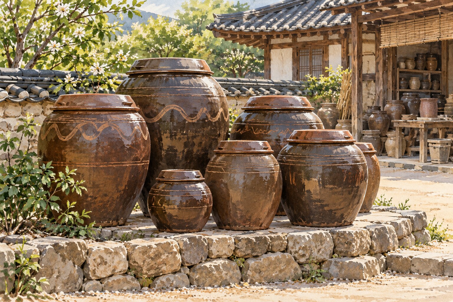 Illustration of brown lidded Korean onggi jars in different sizes on a stone platform beside a pottery workshop.