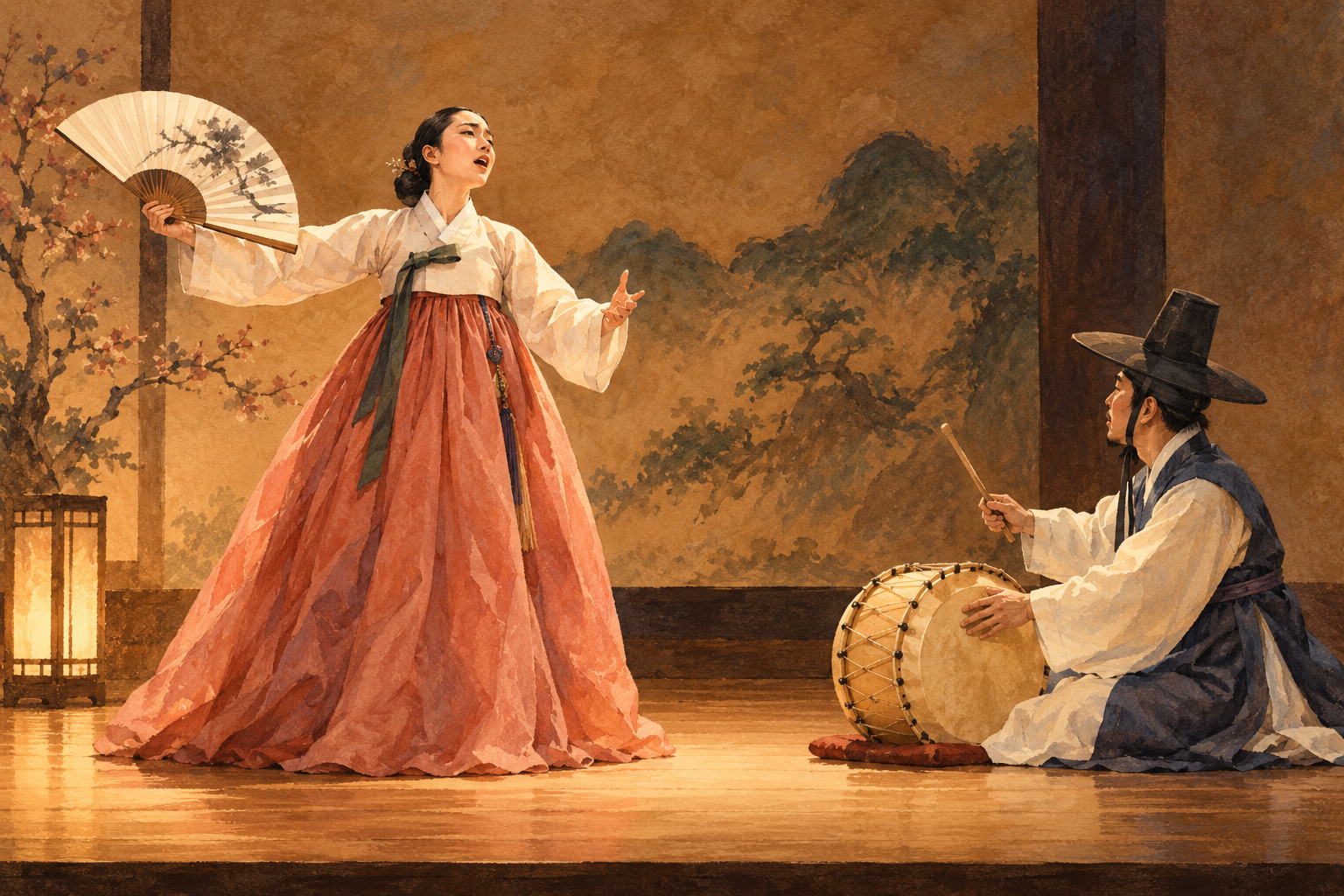 Illustration of a Korean pansori singer performing with a drummer.