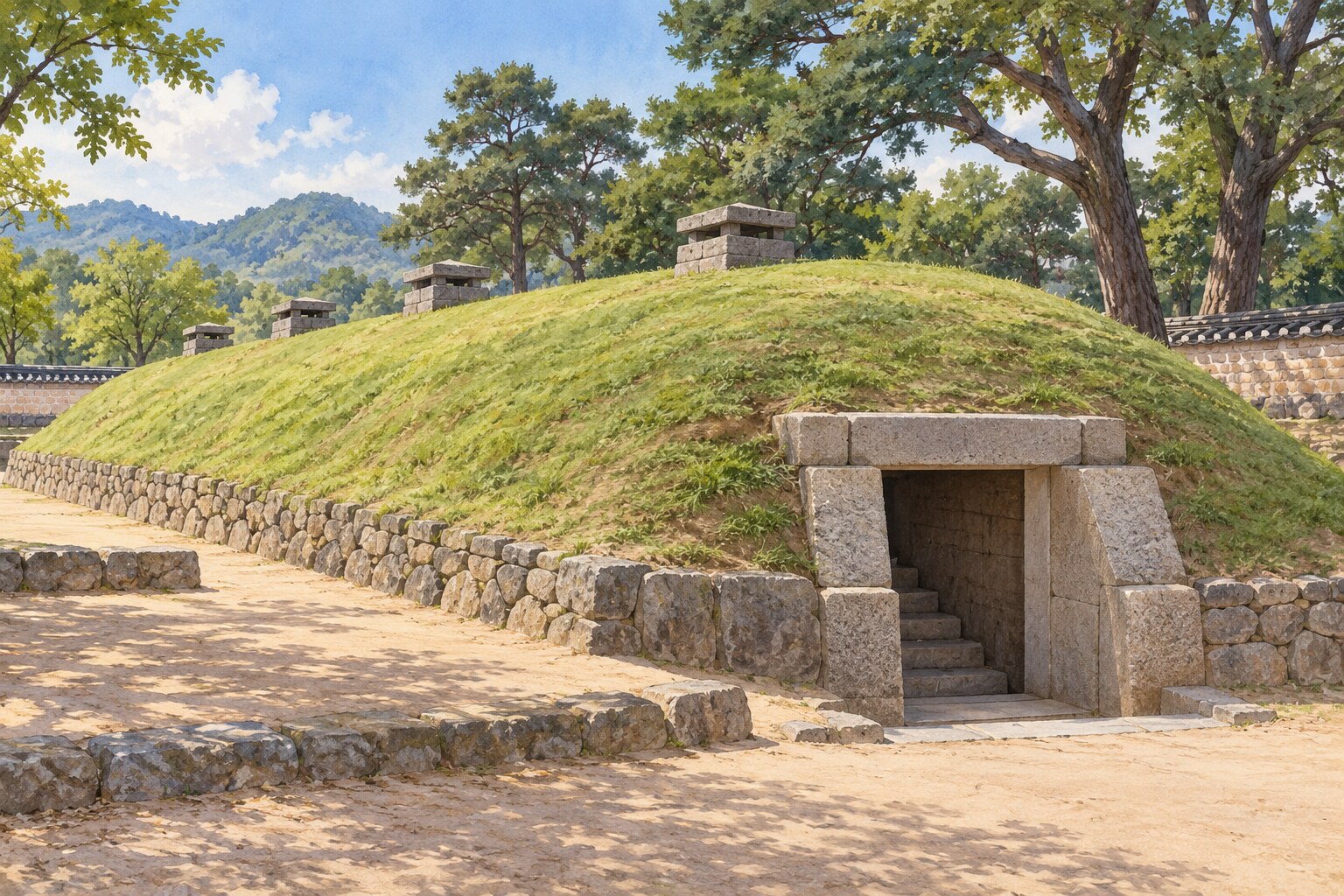 Conceptual illustration of a Korean seokbinggo with a grass-covered mound, a granite-framed entrance and stone ventilation caps.