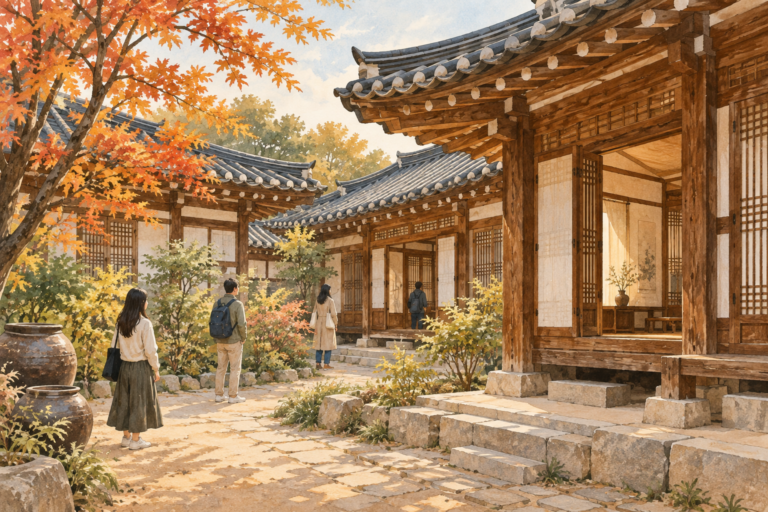 Conceptual illustration of visitors observing a traditional Korean hanok courtyard.