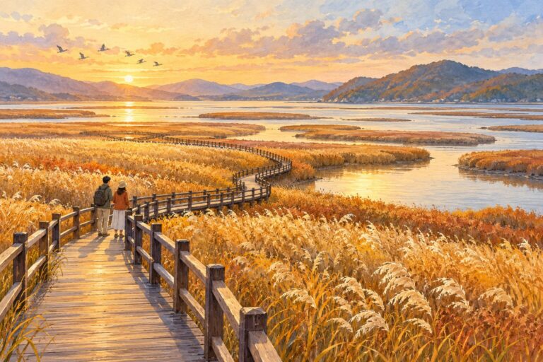 Watercolor illustration of travelers on a boardwalk through golden reeds beside Suncheon Bay.