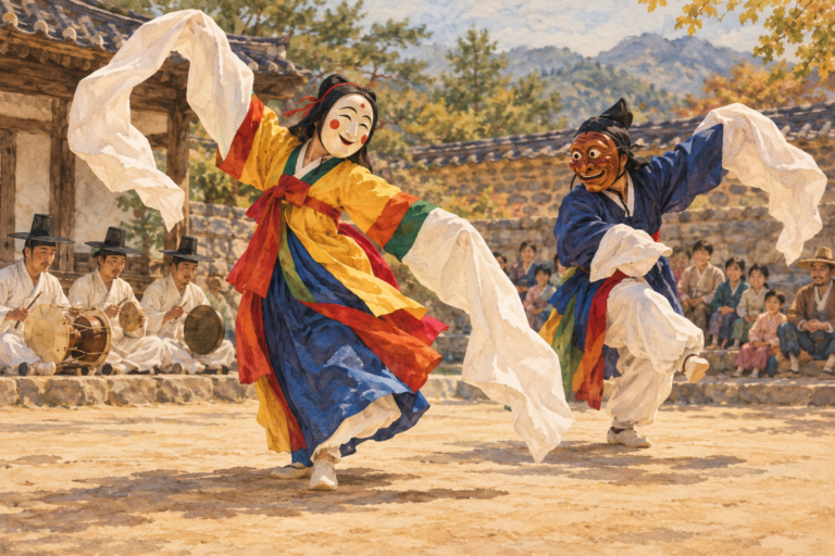 Korean talchum mask dance illustration with two masked performers, flowing sleeves, musicians and an audience.
