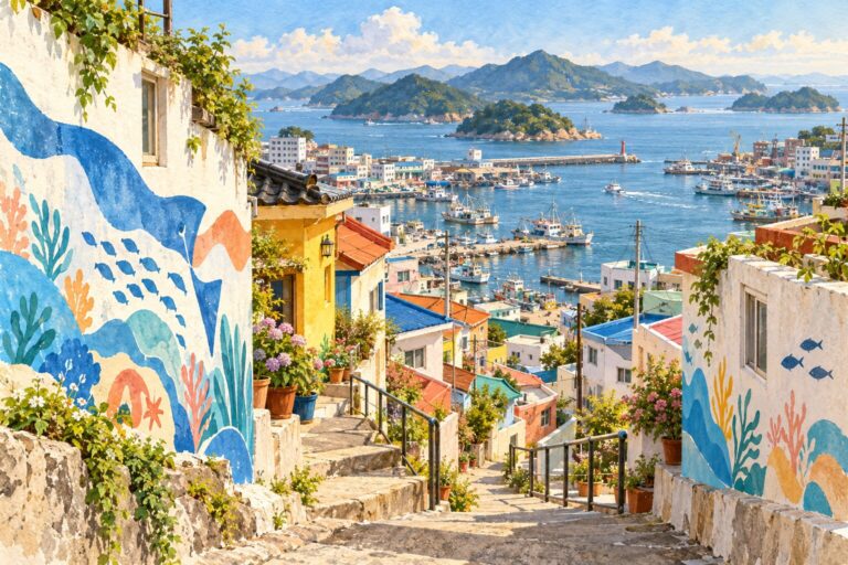 Watercolor illustration of a Tongyeong-inspired hillside lane with original wall art overlooking a harbor.