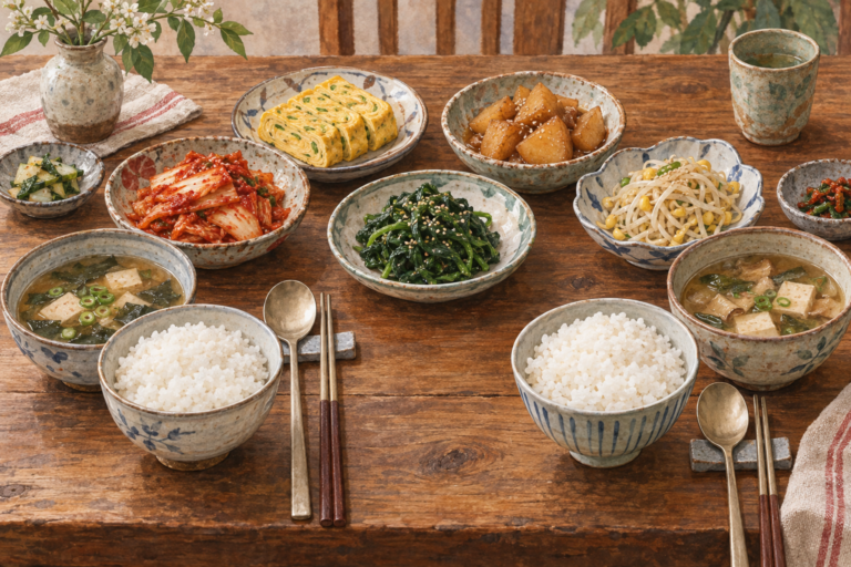 Illustration of Korean banchan arranged with individual rice and soup bowls.