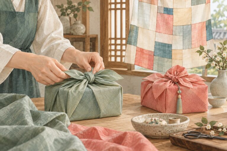 Watercolor illustration of hands wrapping a gift with bojagi beside a patchwork textile.